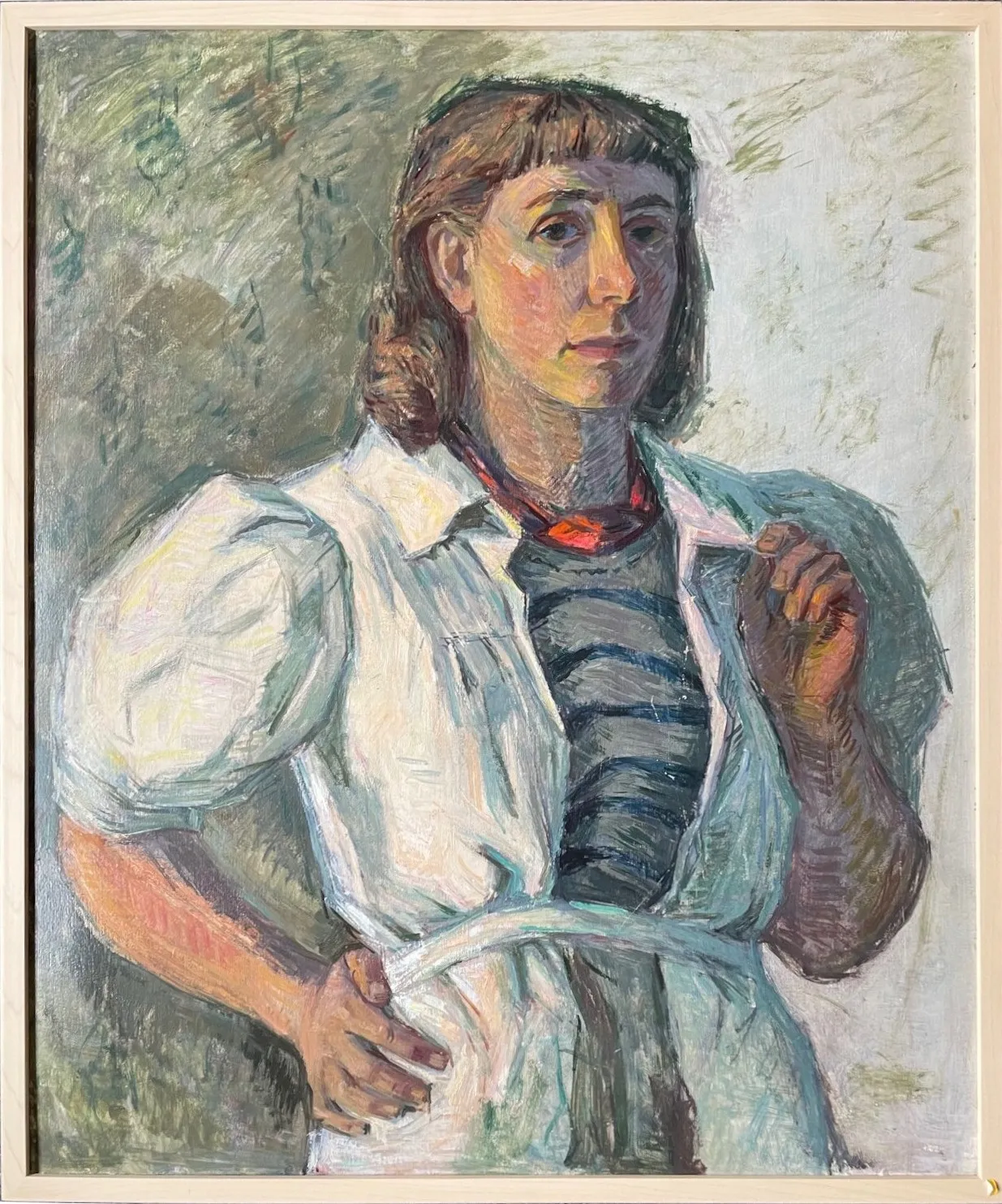 Portrait painting of a woman with short brown hair wearing a white puff-sleeve shirt over a striped top, holding the collar with one hand and resting the other on her hip.