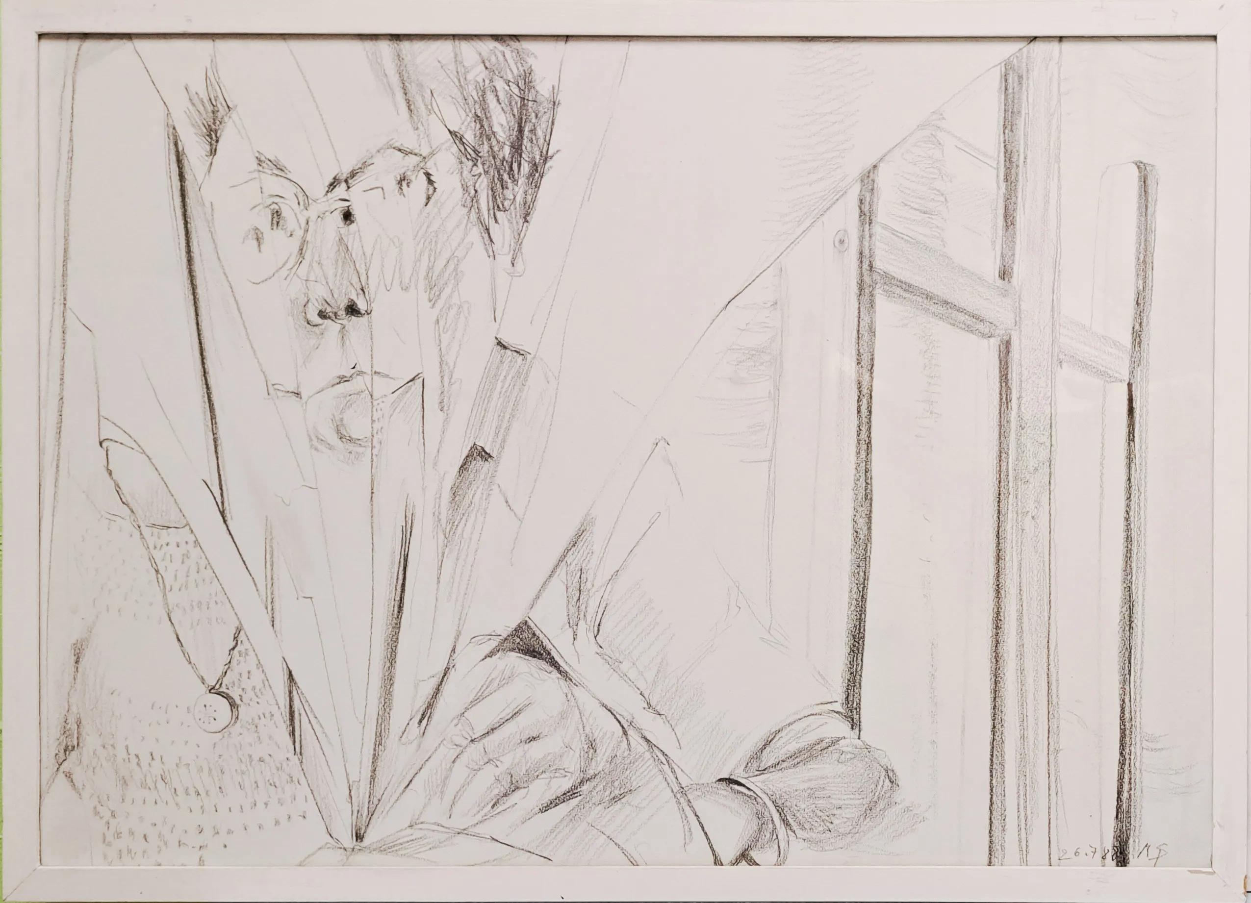 Pencil sketch of a person wearing glasses and a necklace, partially obscured by abstract geometric shapes, sitting next to a window.
