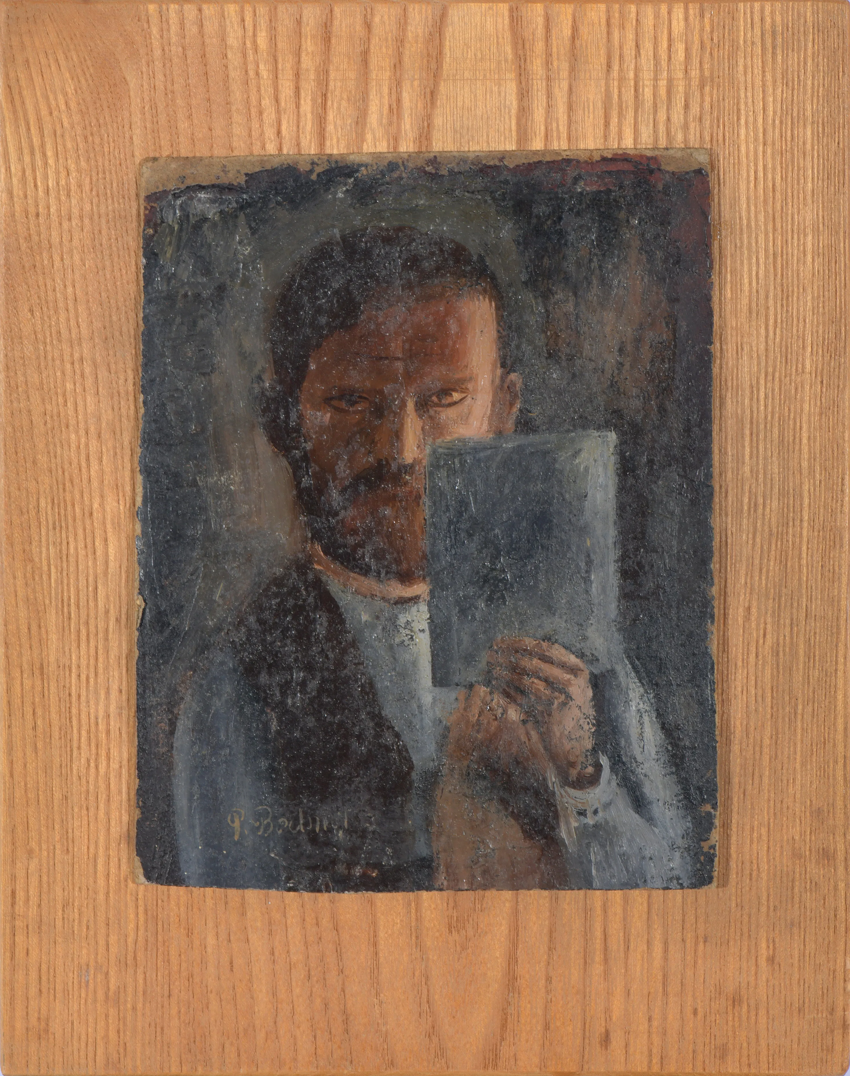 Portrait painting of a bearded man holding a partially visible square object in front of his face.