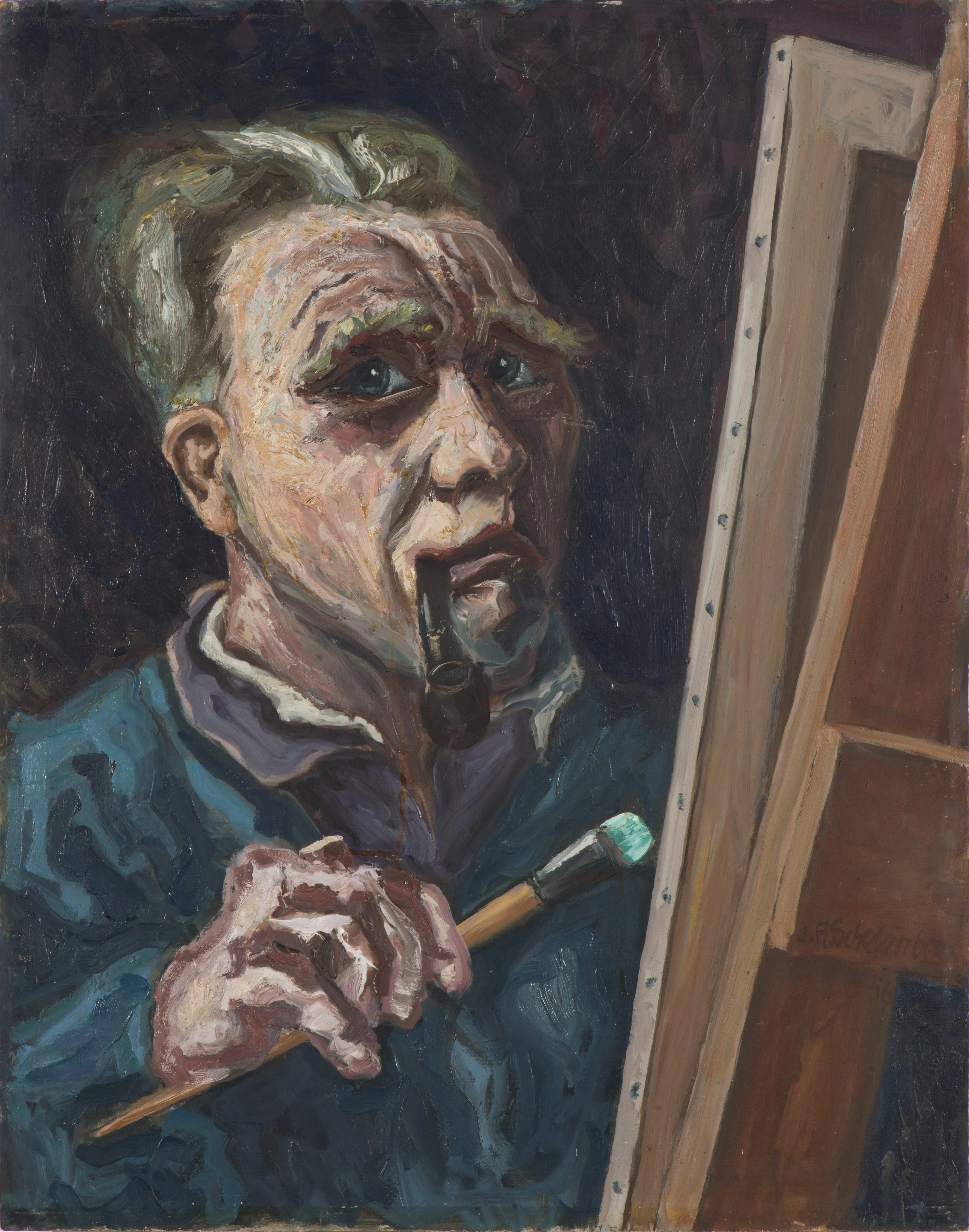 Oil painting of a man with greying hair holding a paintbrush, smoking a pipe, and looking at an easel.