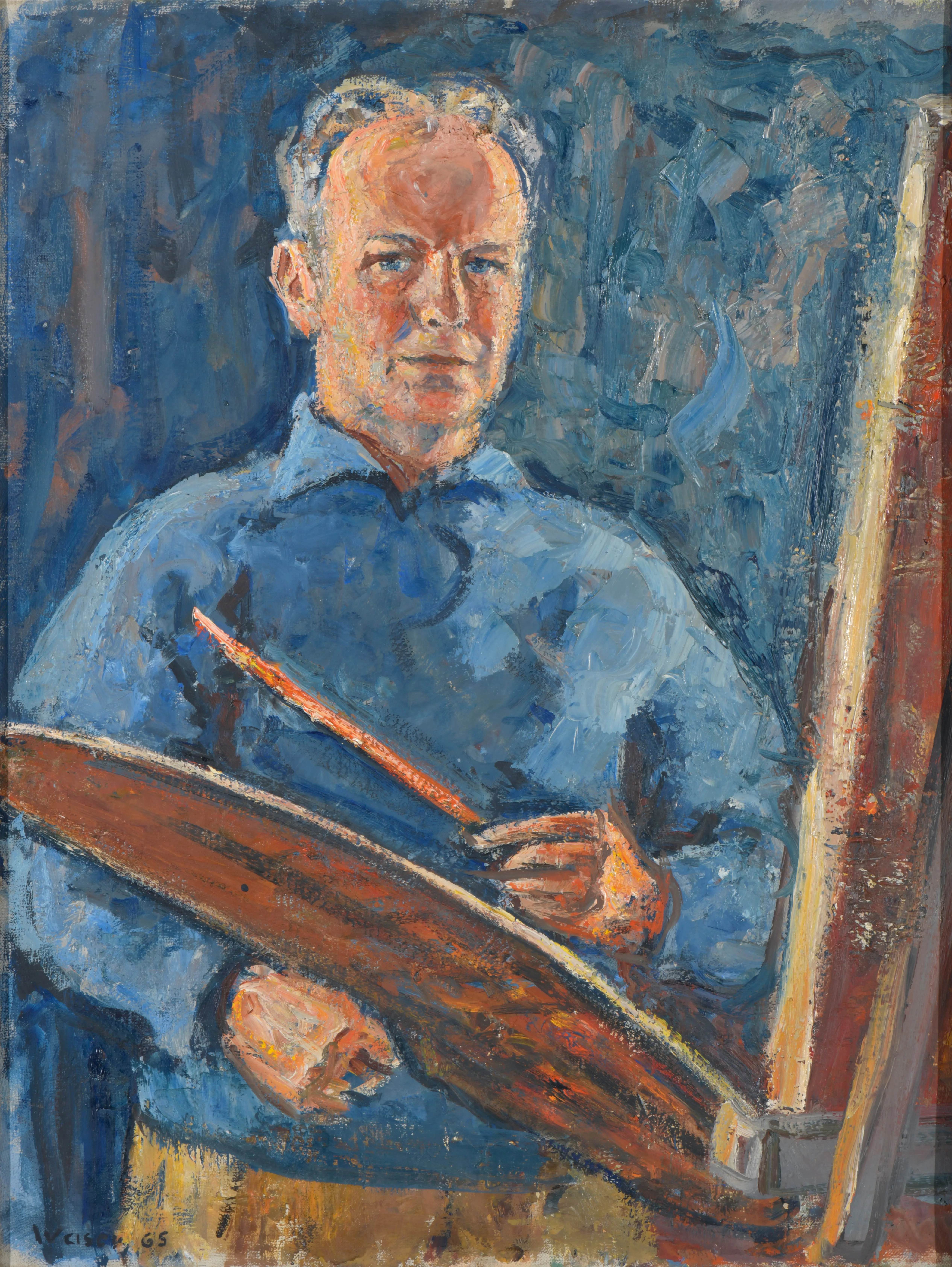 Impressionist painting of a middle-aged man wearing a blue shirt holding a painter's palette and brush in front of an easel.