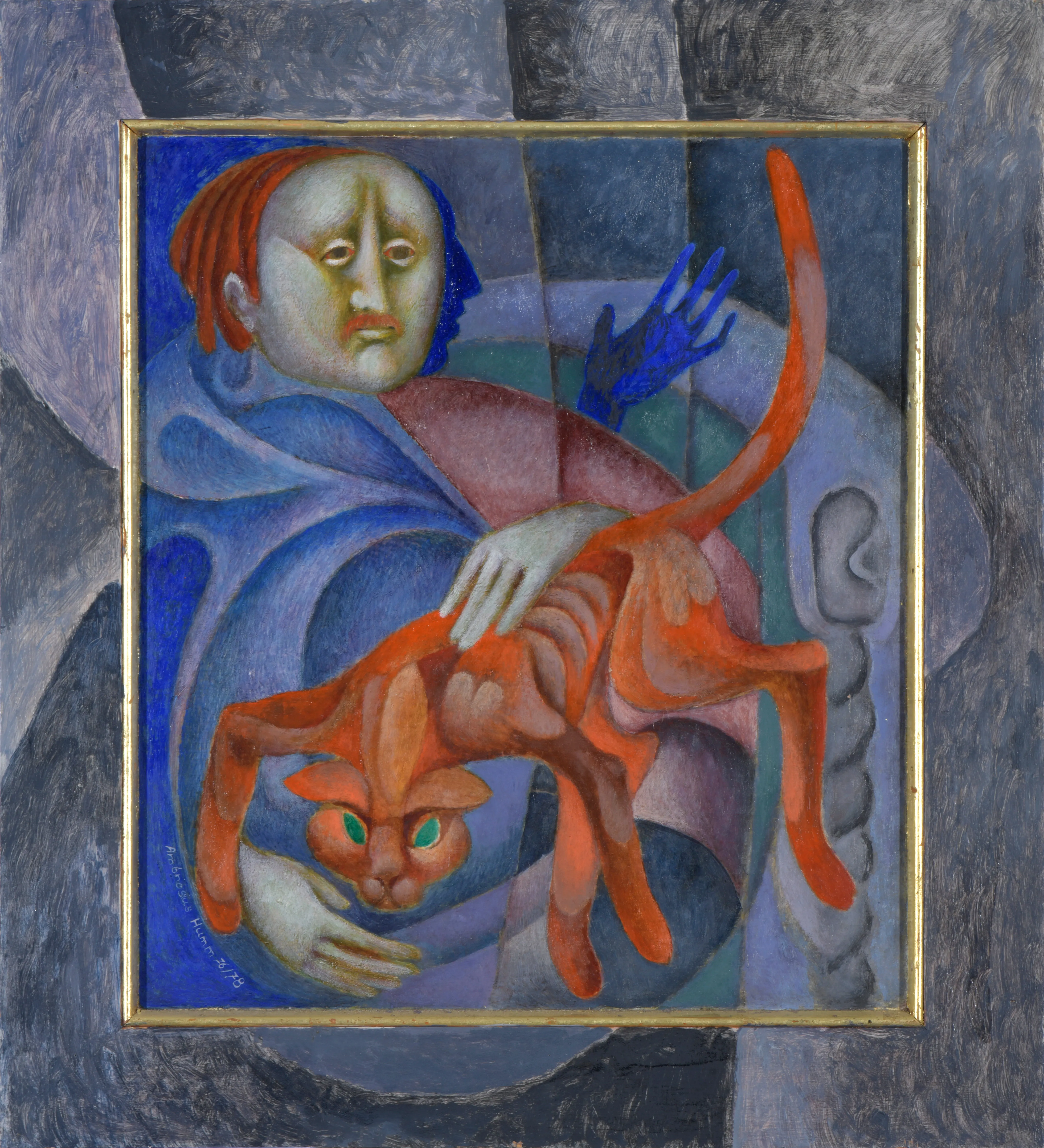 Abstract painting of a person with a somber expression holding an orange cat with green eyes against a geometric background in blue and gray tones.