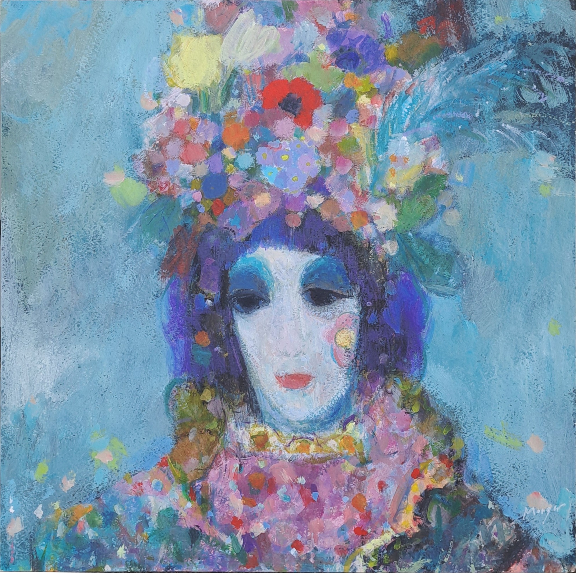 Pierre Albert Morger, «geschminktes» – Brustbild einer Karnevalsfigur, 1983/85, Acryl auf Pavatex