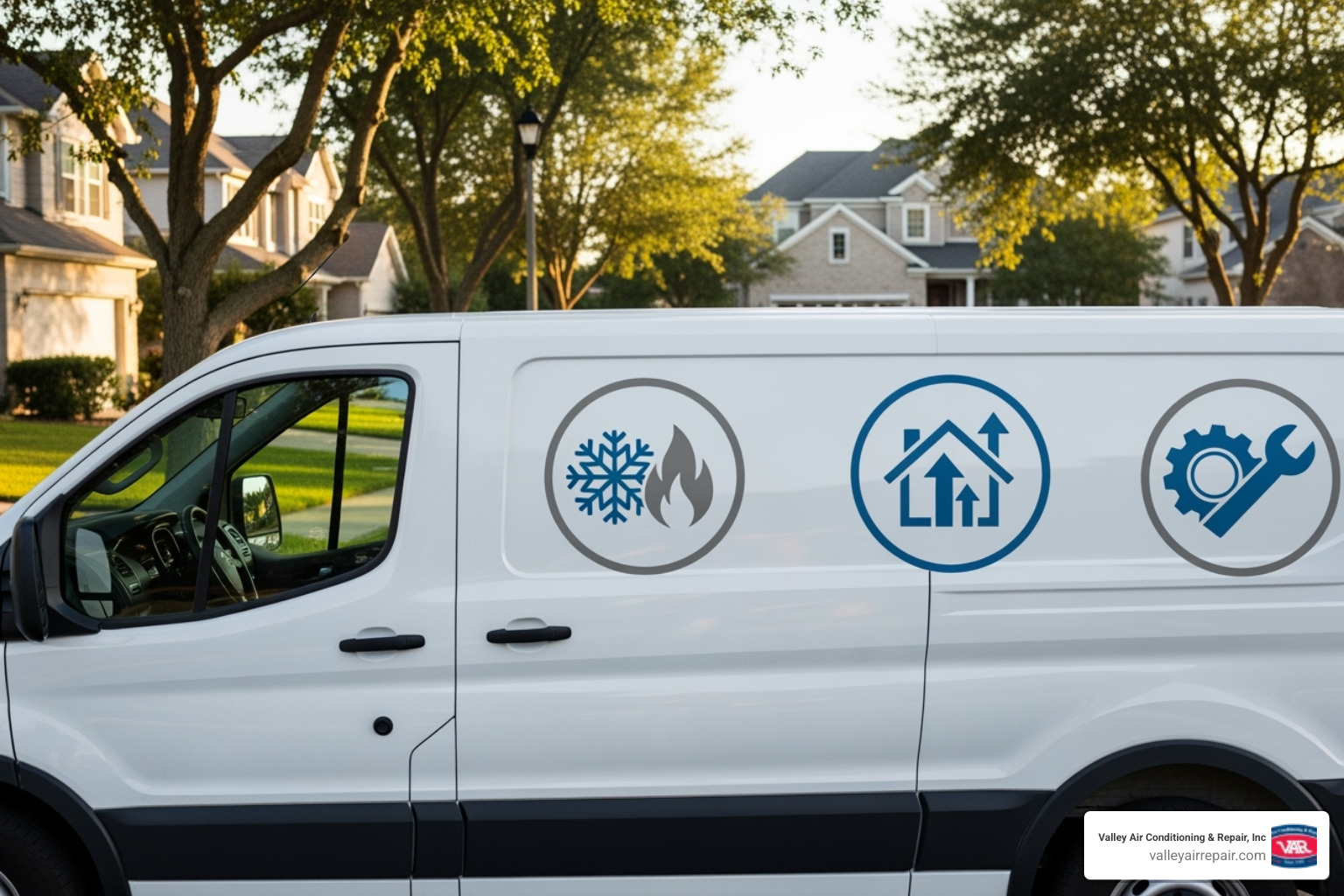 technician's van with service icons for repair, installation, and maintenance - air conditioning companies in fresno ca