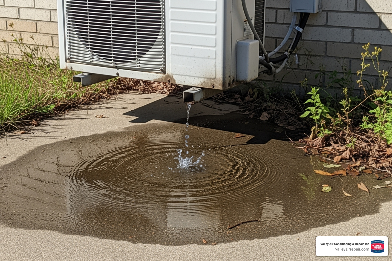 AC unit with a visible water leak on the ground below it - AC repair Fresno CA