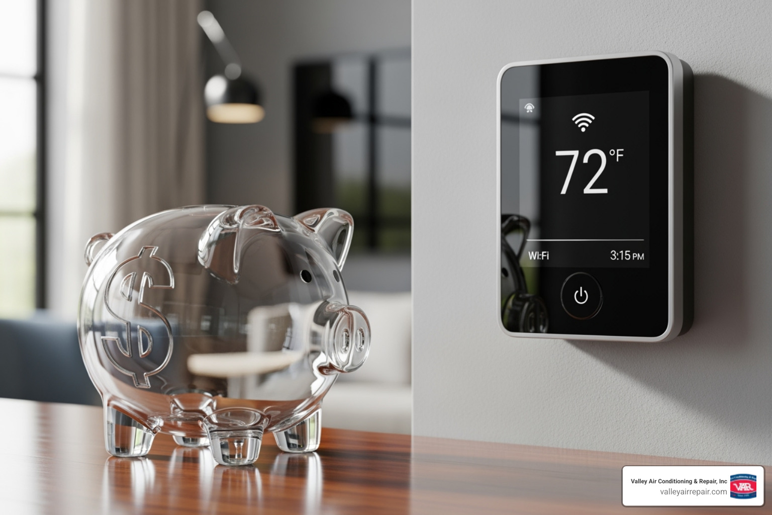 Piggy bank with a dollar sign next to a modern thermostat - AC repair Fresno CA