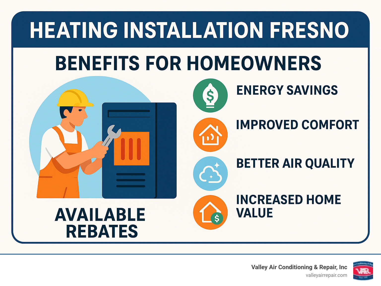 Comprehensive guide to heating installation benefits including energy savings, improved comfort, better air quality, increased home value, and available rebates for Fresno homeowners - Heating installation Fresno infographic 