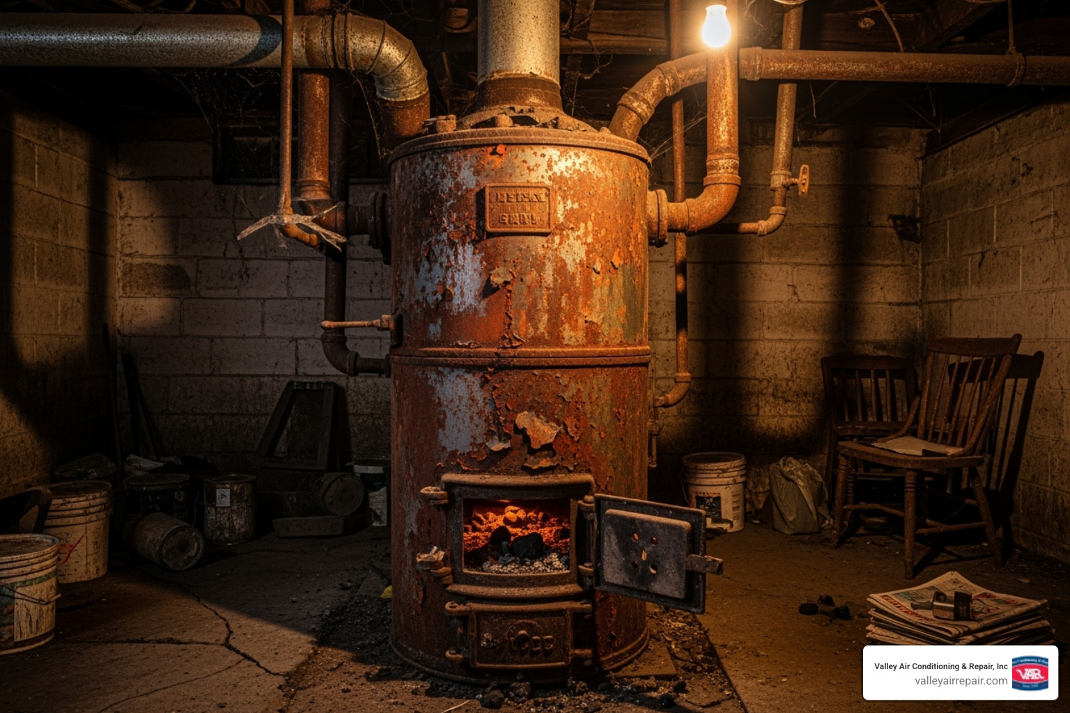 of an old, rusty furnace in a basement - Heating installation Fresno