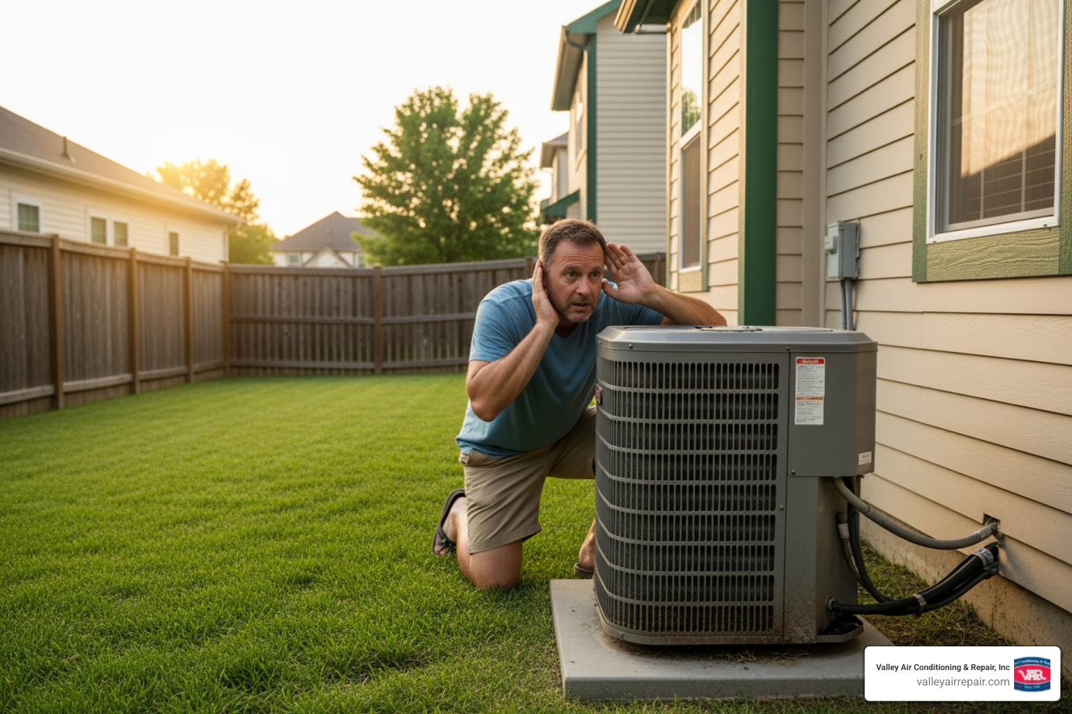 A homeowner listening to a noisy AC unit - HVAC system maintenance