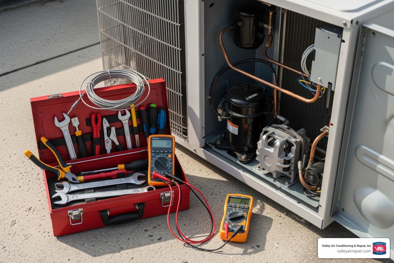 A technician's toolkit next to an open HVAC unit - HVAC system maintenance
