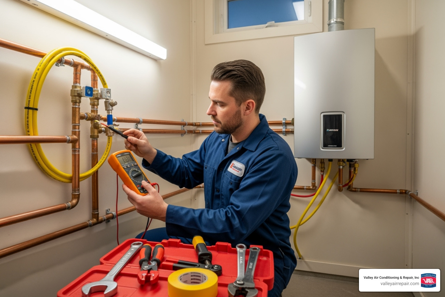 Professional technician assessing plumbing and gas lines for tankless water heater installation - tankless water heater installation