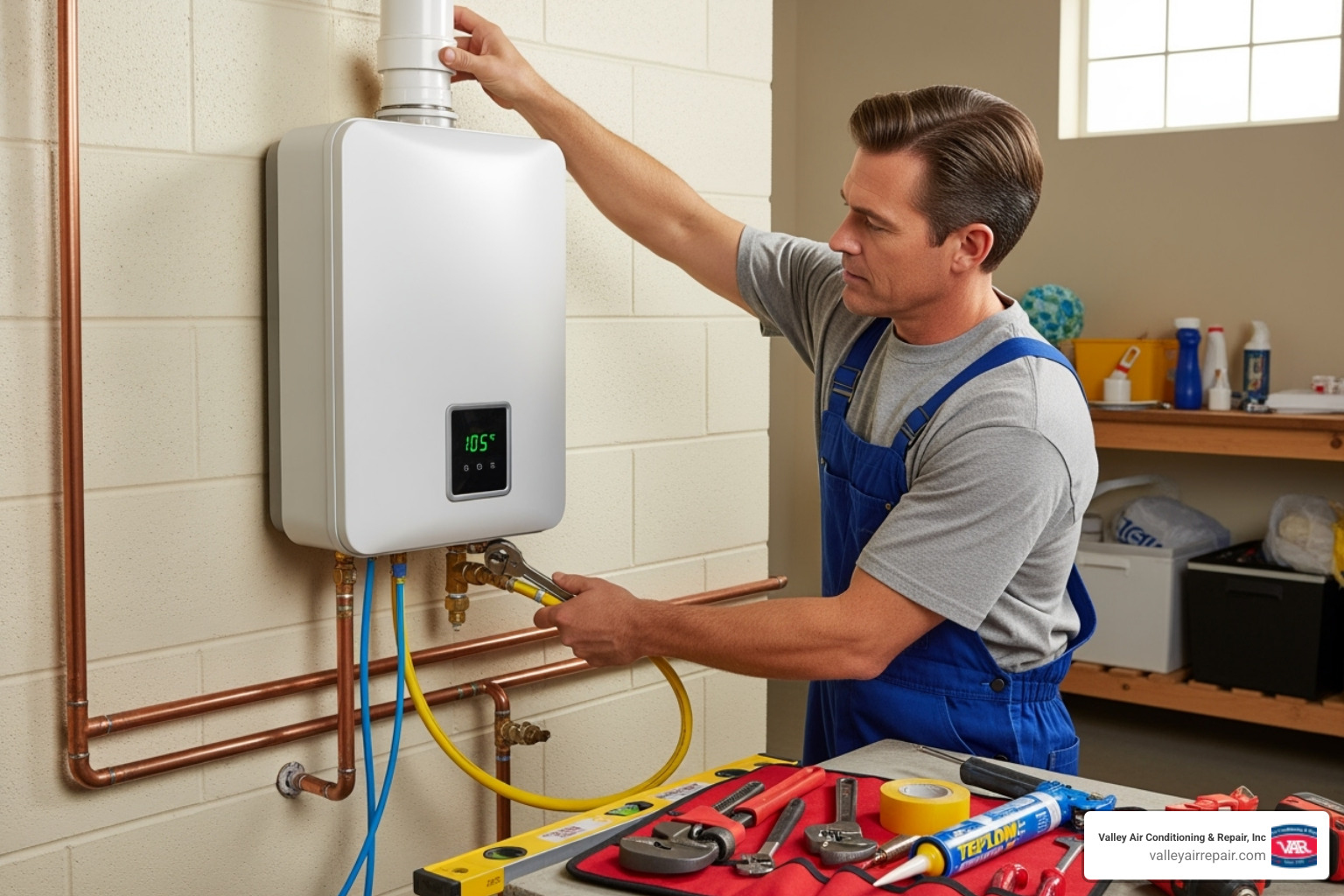 Professional connecting a gas line and vent pipe for tankless water heater installation - tankless water heater installation