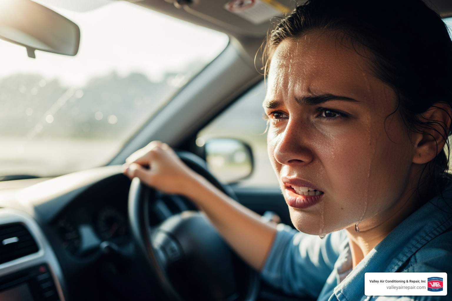 A driver looking uncomfortable in a hot car with the AC on, while outside the sun shines brightly - AC diagnostic service