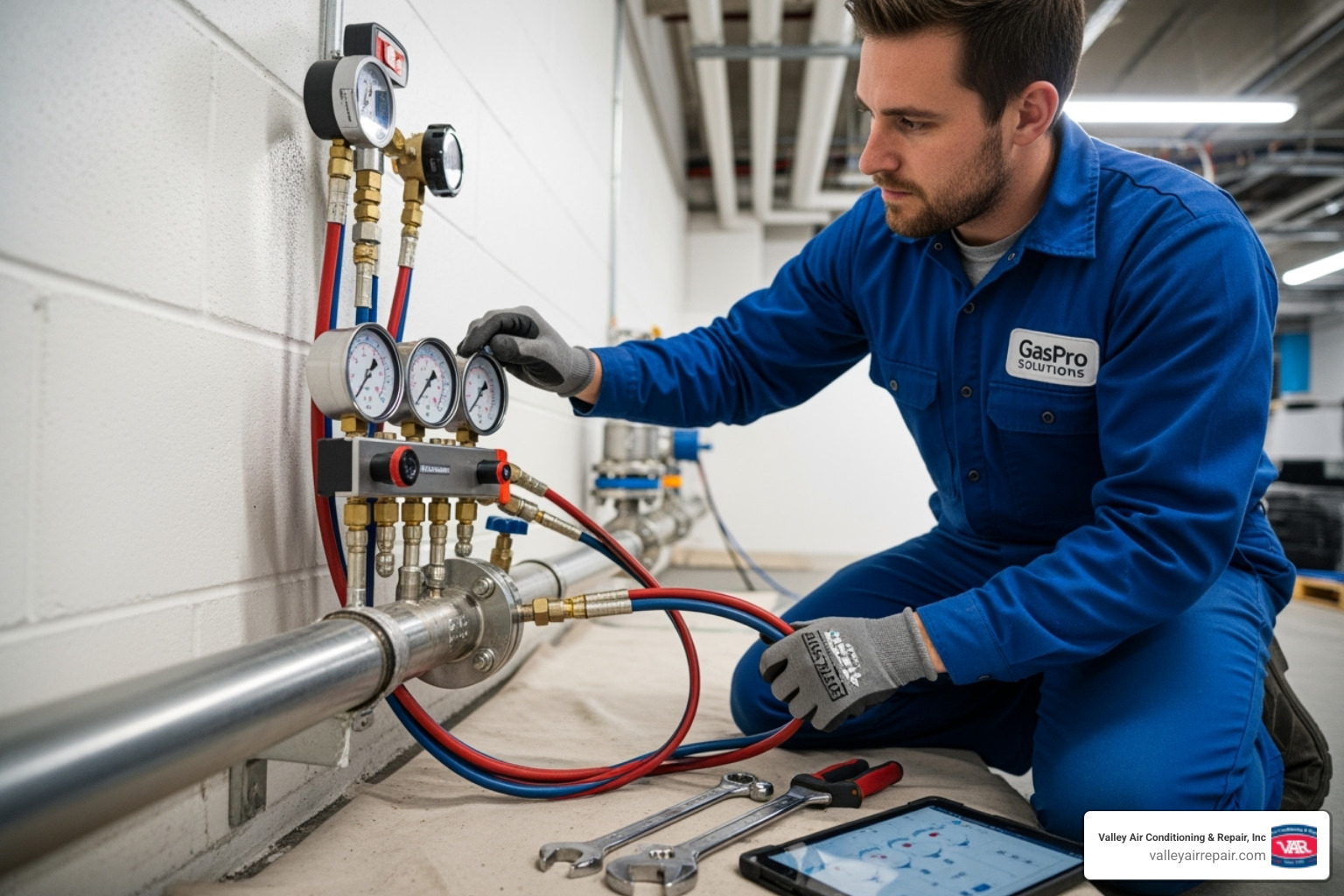 technician performing a pressure test on a new gas line - Commercial gas line installation