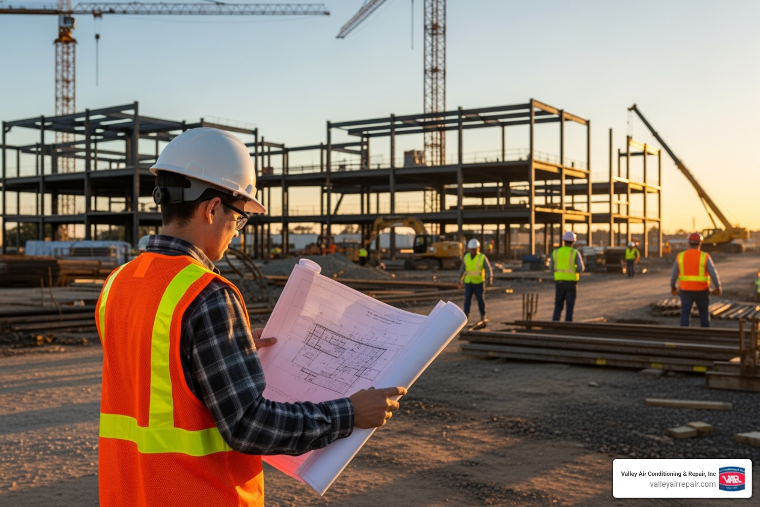 technician reviewing blueprints on a commercial site - Commercial gas line installation