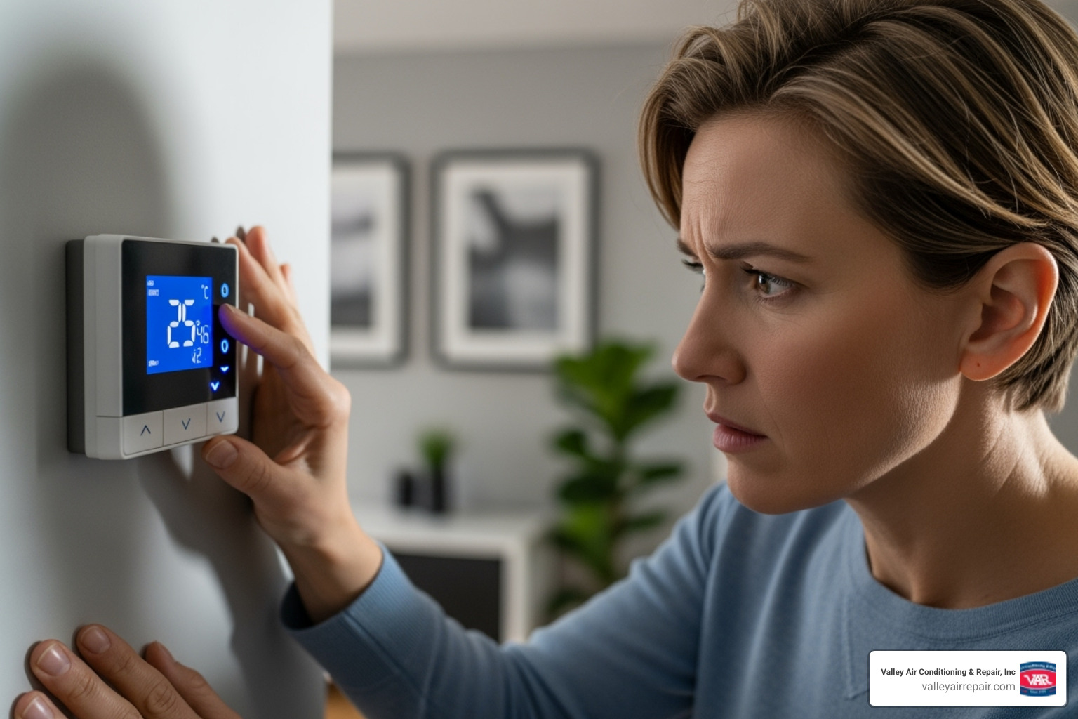 of a homeowner looking at their AC thermostat with a concerned expression - ac service fresno