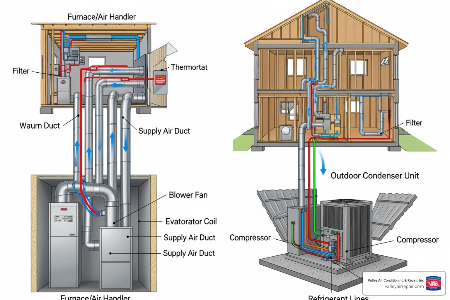 Diagram showing both a heating and cooling system in a house - fresno heating and air