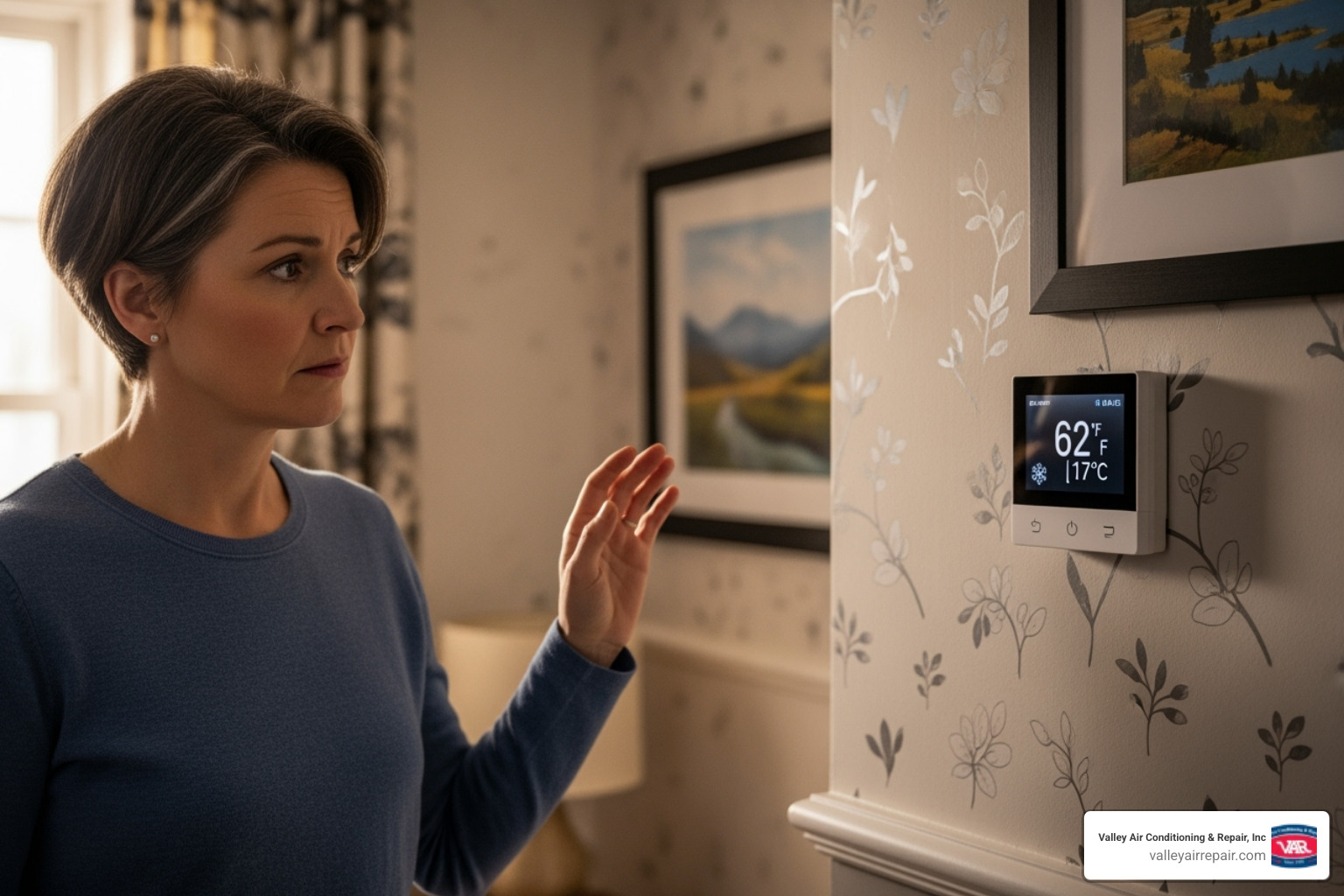 homeowner looking at their thermostat with concern - heating maintenance fresno
