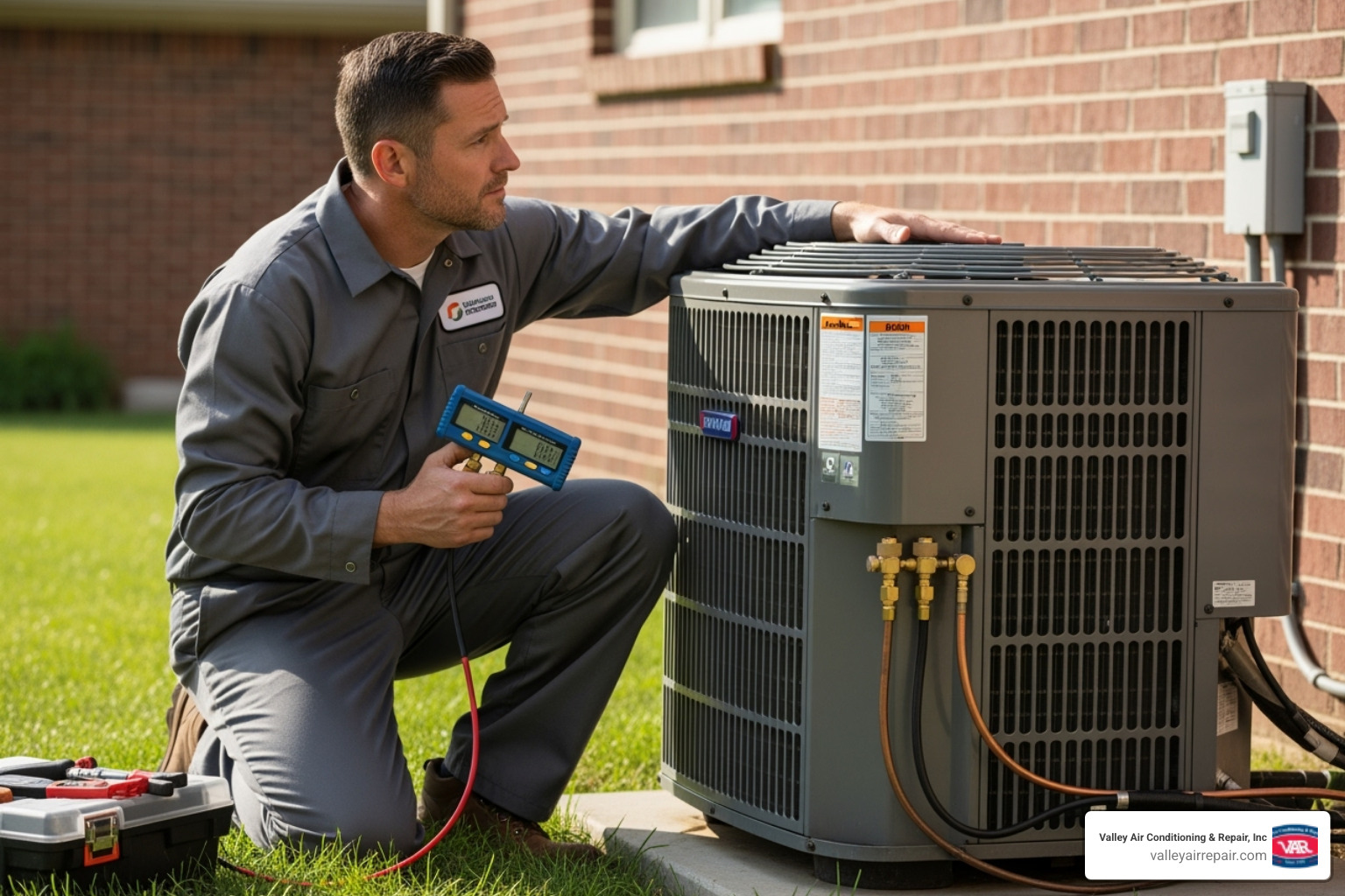 a technician listening to an AC unit - ac condenser fan motor