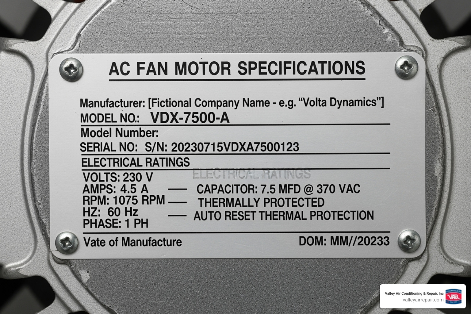 a motor's data plate with specifications highlighted - ac condenser fan motor