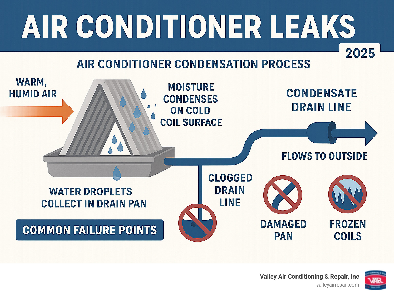 Detailed infographic showing air conditioner condensation process: warm humid air enters evaporator coil, moisture condenses on cold coil surface, water droplets collect in drain pan, flows through condensate drain line to outside, with common failure points highlighted including clogged drain line, damaged pan, and frozen coils - air conditioner leaks infographic 
