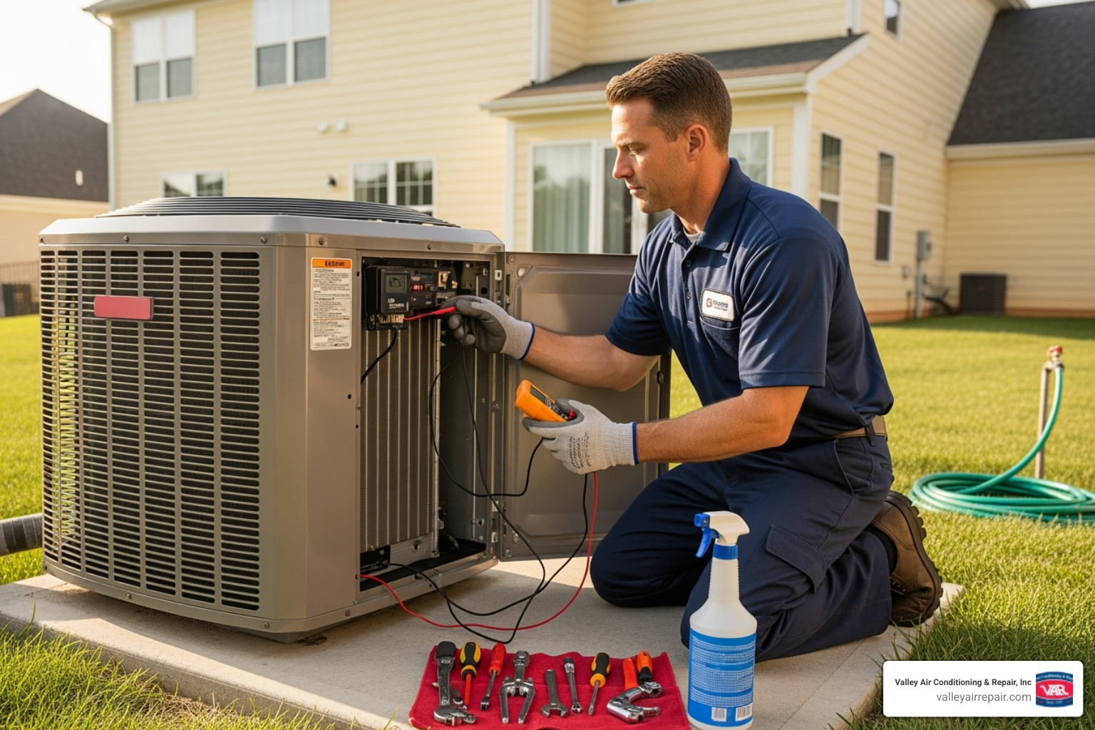 of a technician performing routine AC maintenance - air conditioner leaks