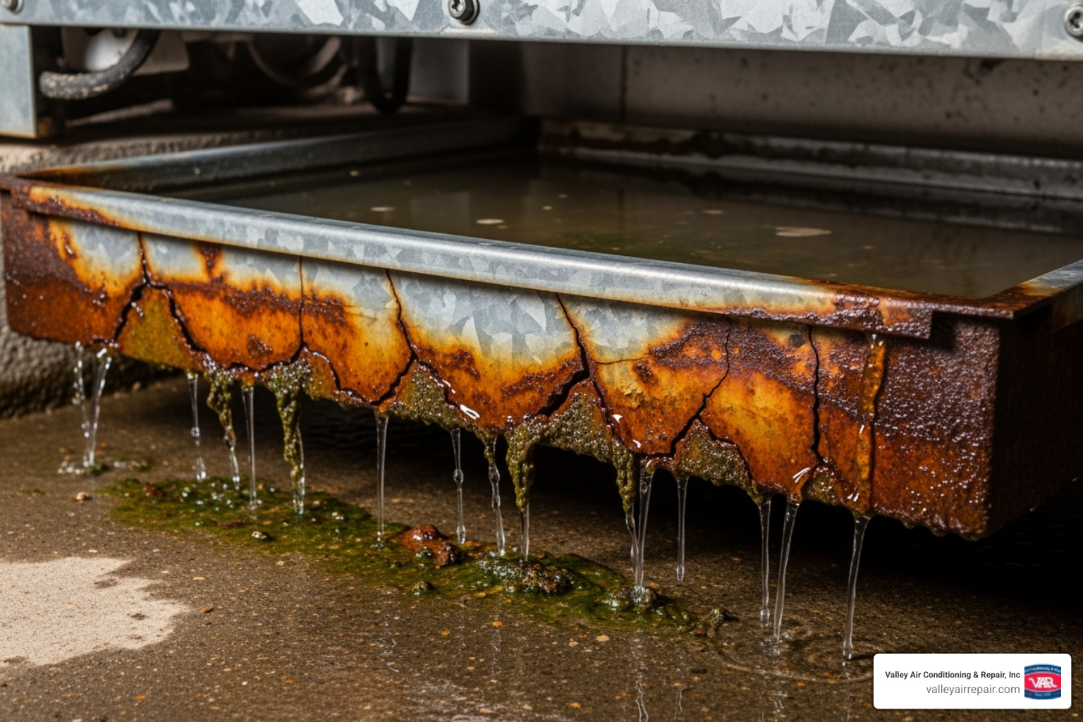 of a rusted and cracked drain pan - air conditioner leaks