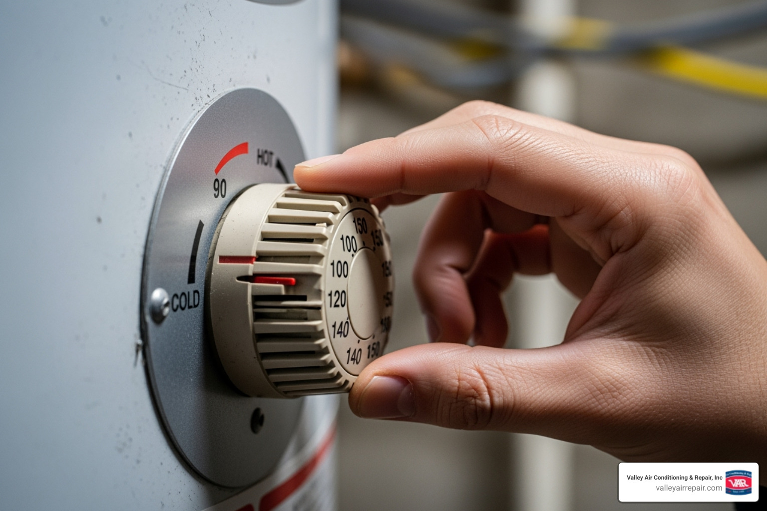 hand adjusting water heater thermostat dial - save money water heater