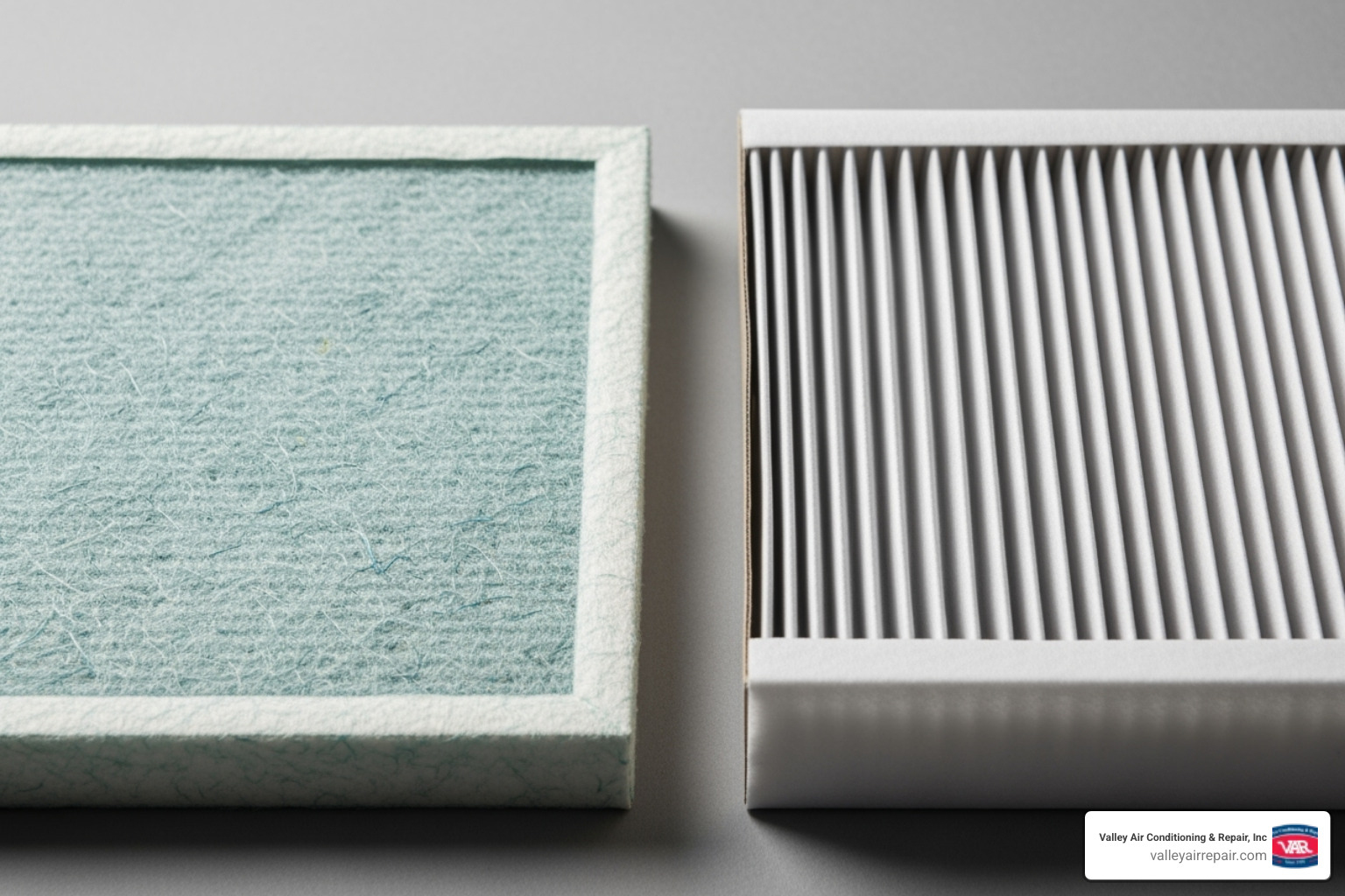Close-up of different filter materials like pleated vs. flat fiberglass - AC filter replacement
