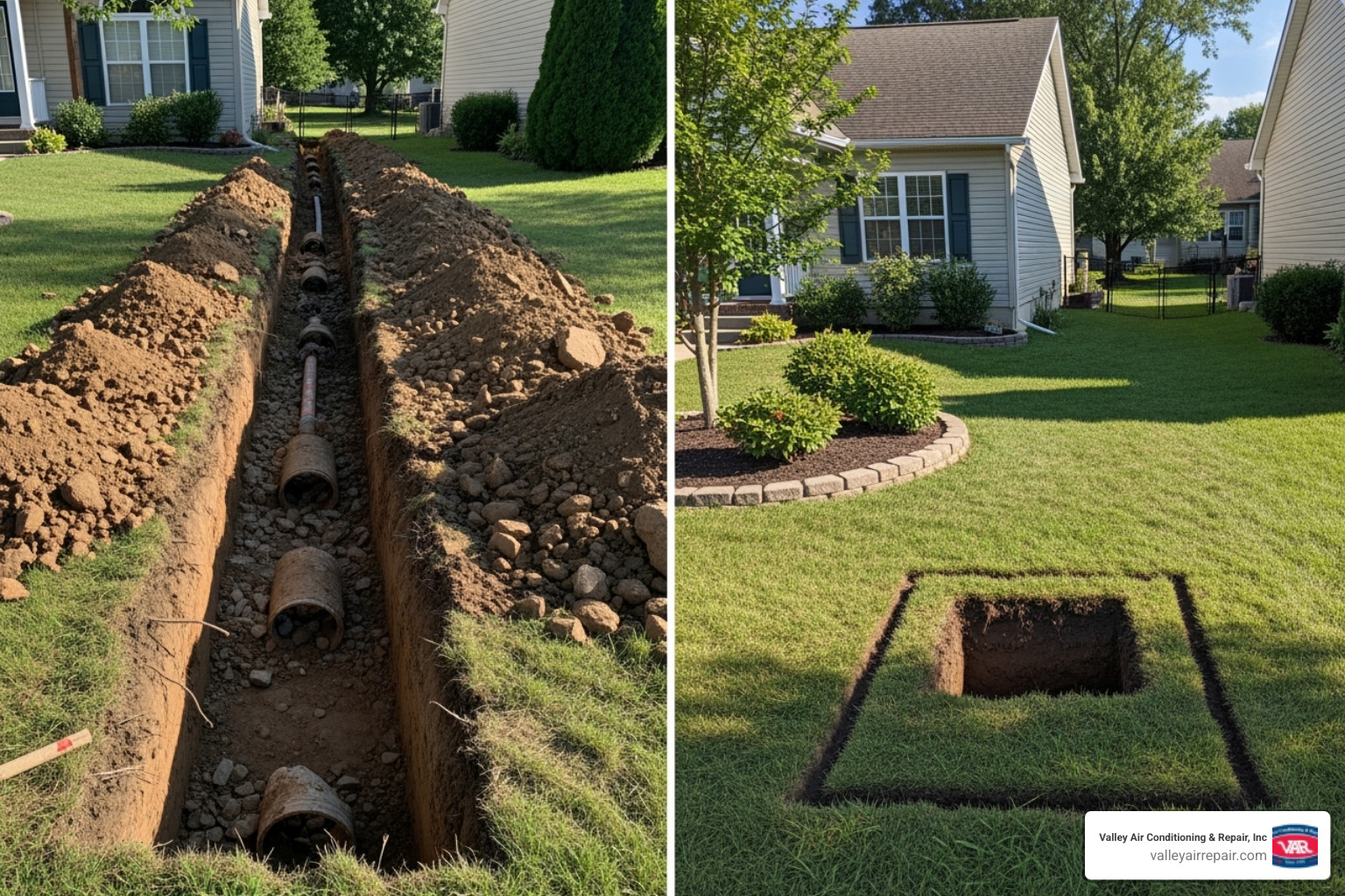 A side-by-side comparison of a trenched yard vs. a yard after trenchless repair - Fresno sewer line repair