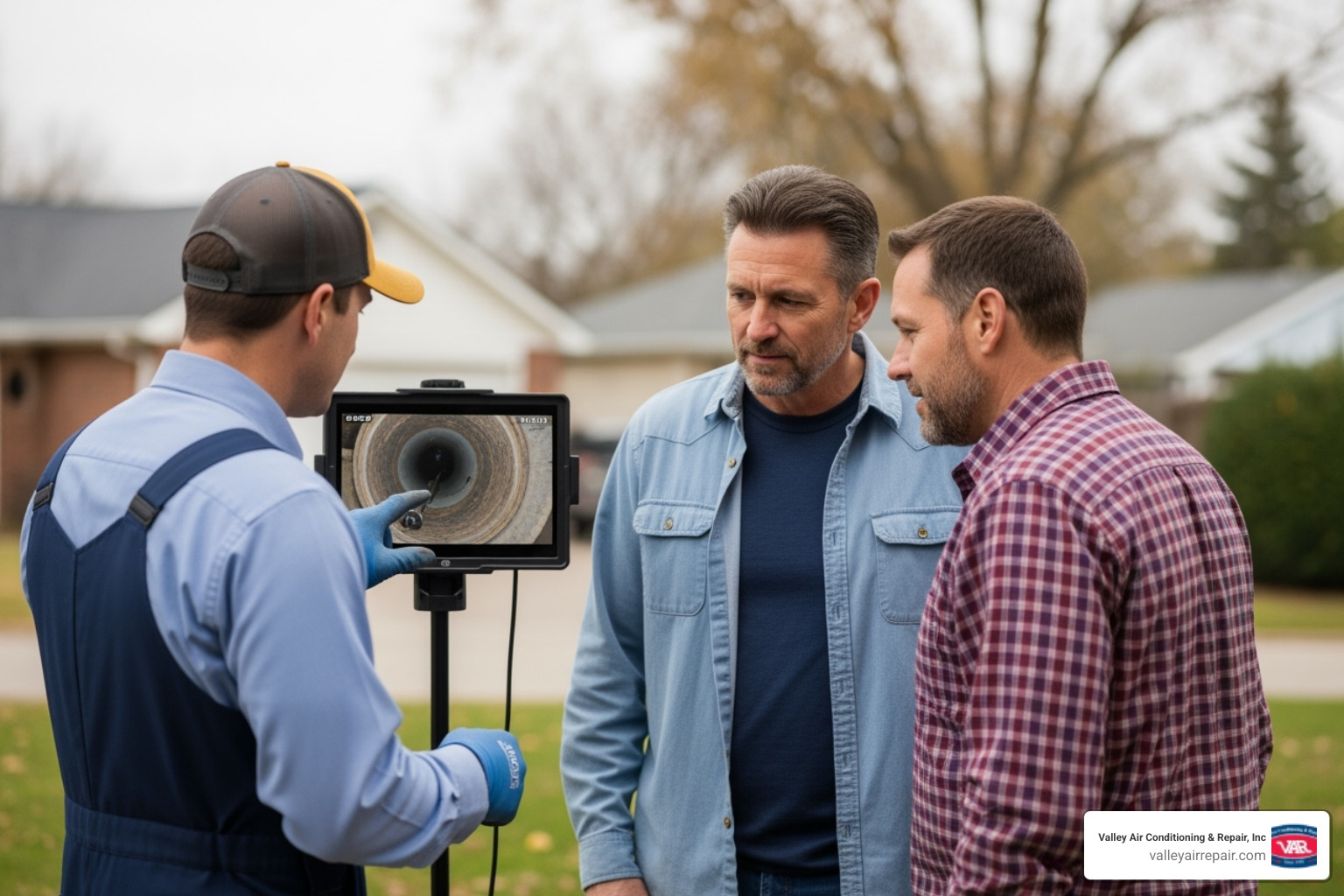 A plumber showing a homeowner video footage from a sewer camera inspection - Fresno sewer line repair
