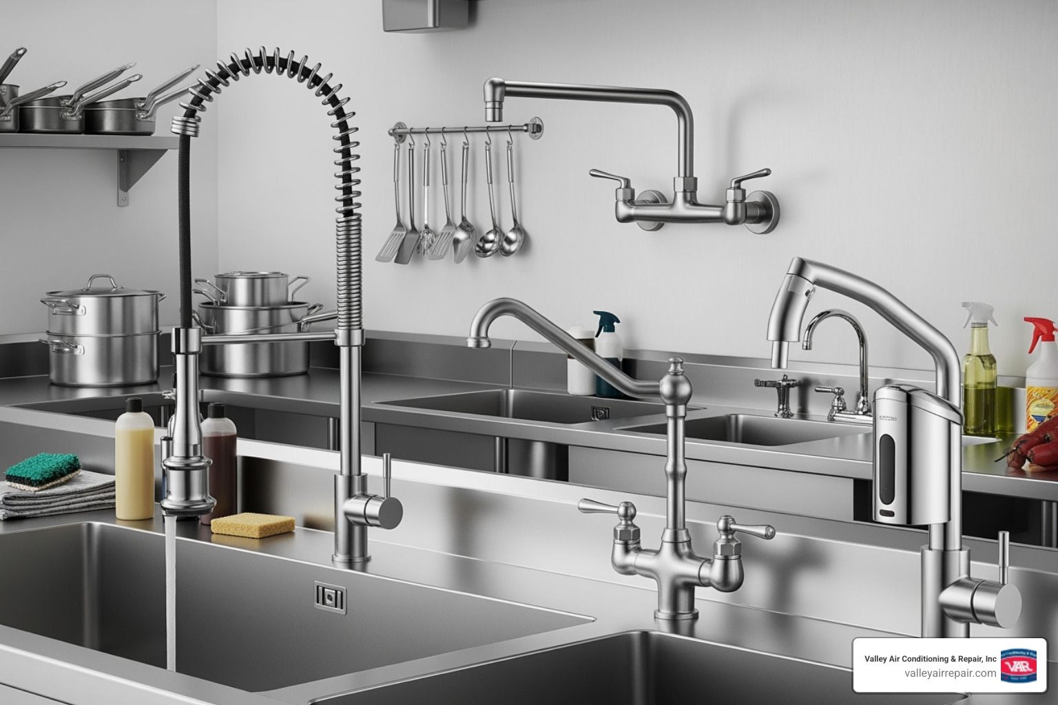Table comparing Pre-Rinse, Deck-Mount, Wall-Mount, and Electronic Faucets - Commercial kitchen faucet repair