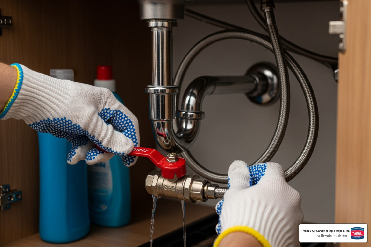 Hands safely turning off the water supply valve under a sink - Commercial kitchen faucet repair
