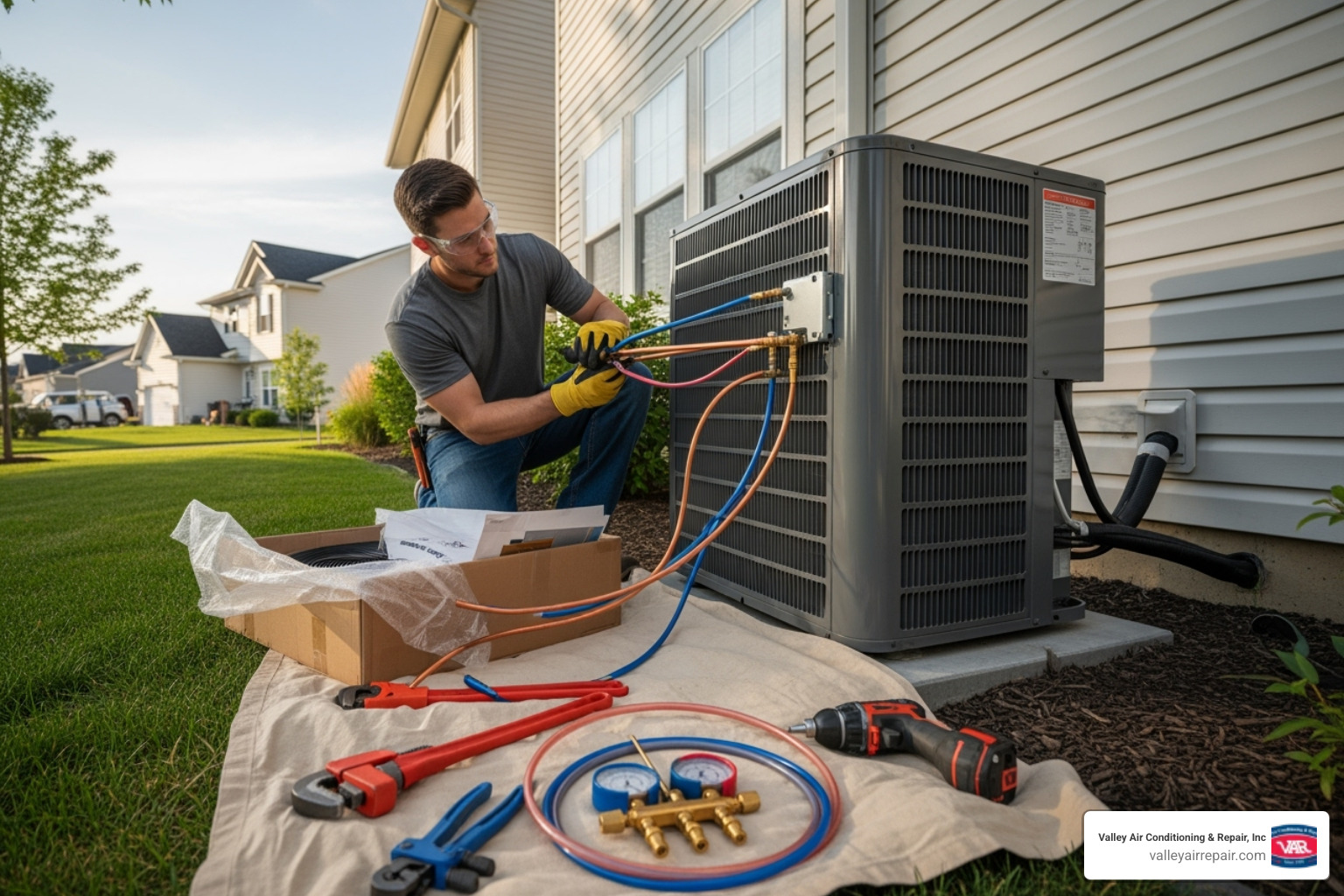 professional technician carefully installing an outdoor AC unit - hvac installation Fresno professional technician carefully installing an outdoor AC unit - hvac installation Fresno
