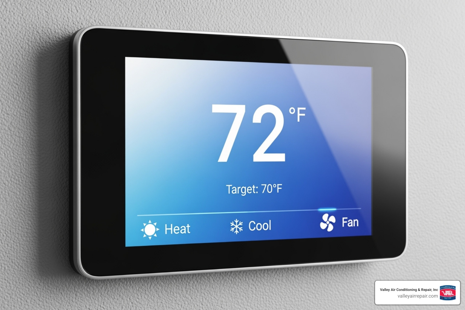 Image of a modern smart thermostat interface on a wall, displaying temperature and settings - heating service clovis ca Image of a modern smart thermostat interface on a wall, displaying temperature and settings - heating service clovis ca