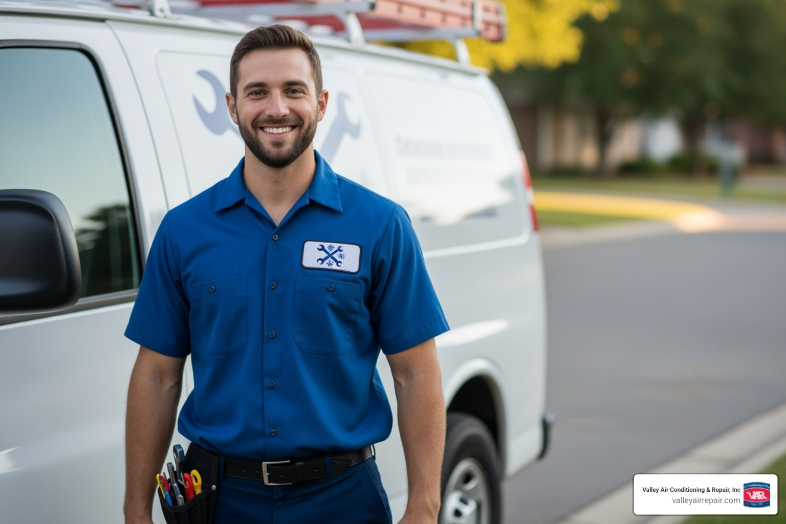 Image of a friendly, professional HVAC technician with a van, smiling and ready to help - heating service clovis ca Image of a friendly, professional HVAC technician with a van, smiling and ready to help - heating service clovis ca