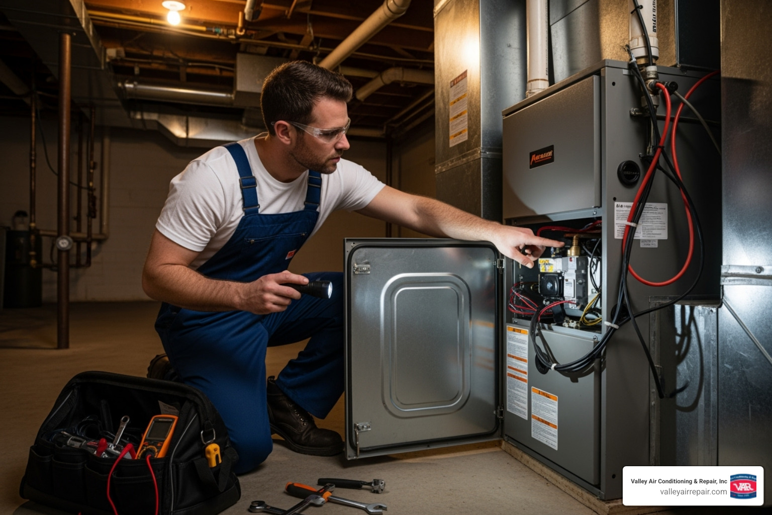 Image of a technician inspecting a furnace unit, pointing to a component - heating service clovis ca Image of a technician inspecting a furnace unit, pointing to a component - heating service clovis ca