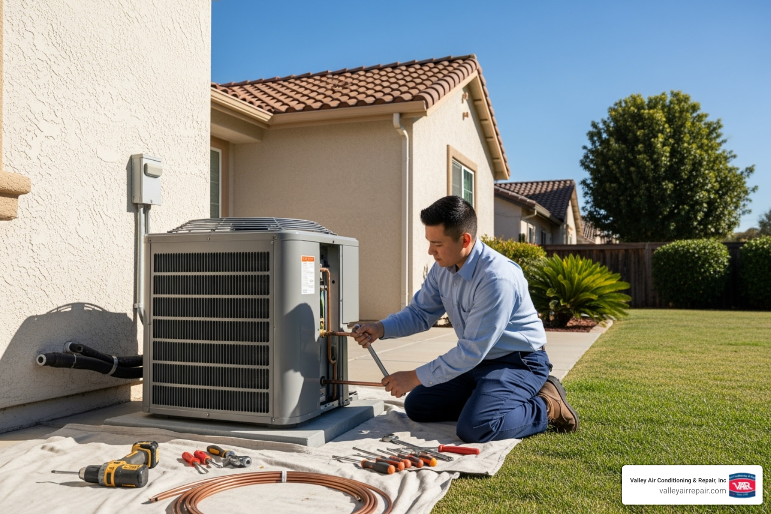 technician installing outdoor AC unit - central ac installation fresno