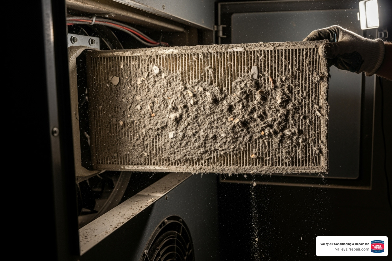 dirty, clogged air filter being removed from an air handler - ac unit won't turn on