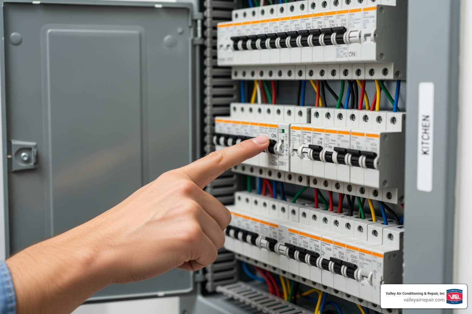 home electrical panel with a finger pointing to a tripped breaker - ac unit won't turn on