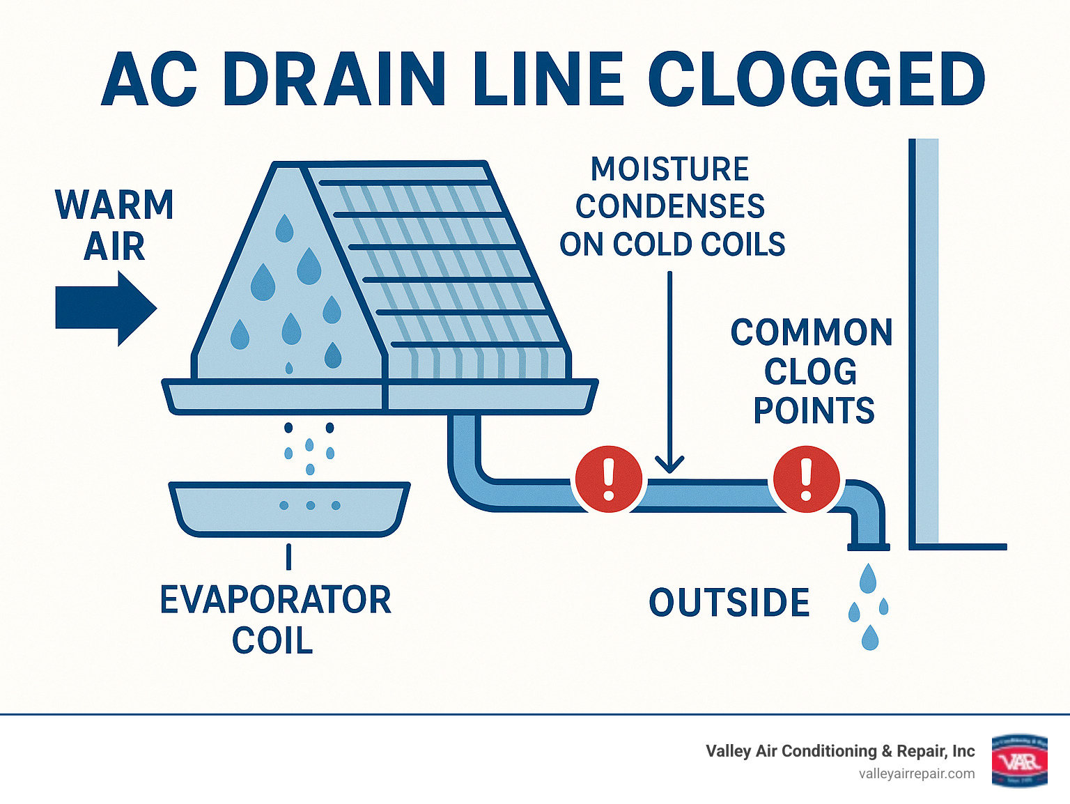 Infographic showing AC condensation process: warm air enters evaporator coil, moisture condenses on cold coils, water drips into drain pan, flows through drain line to outside, with arrows indicating blockage points where clogs commonly occur - AC drain line clogged infographic 