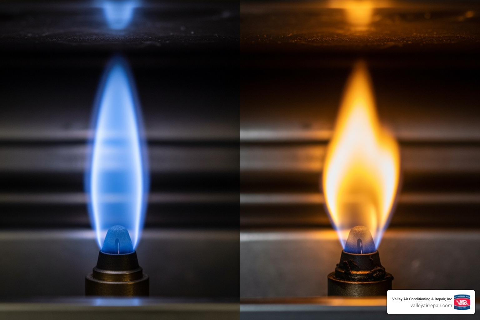 Comparison of a healthy blue pilot flame vs. a weak yellow flame - Furnace pilot light Comparison of a healthy blue pilot flame vs. a weak yellow flame - Furnace pilot light