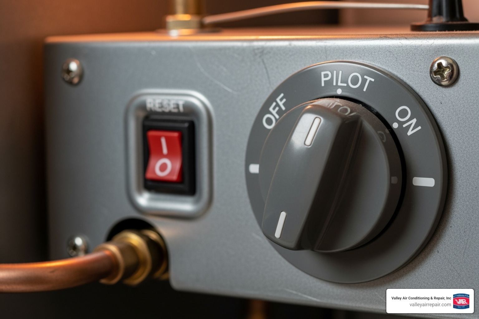 Image showing the location of the pilot control knob and reset button on a furnace - Furnace pilot light Image showing the location of the pilot control knob and reset button on a furnace - Furnace pilot light
