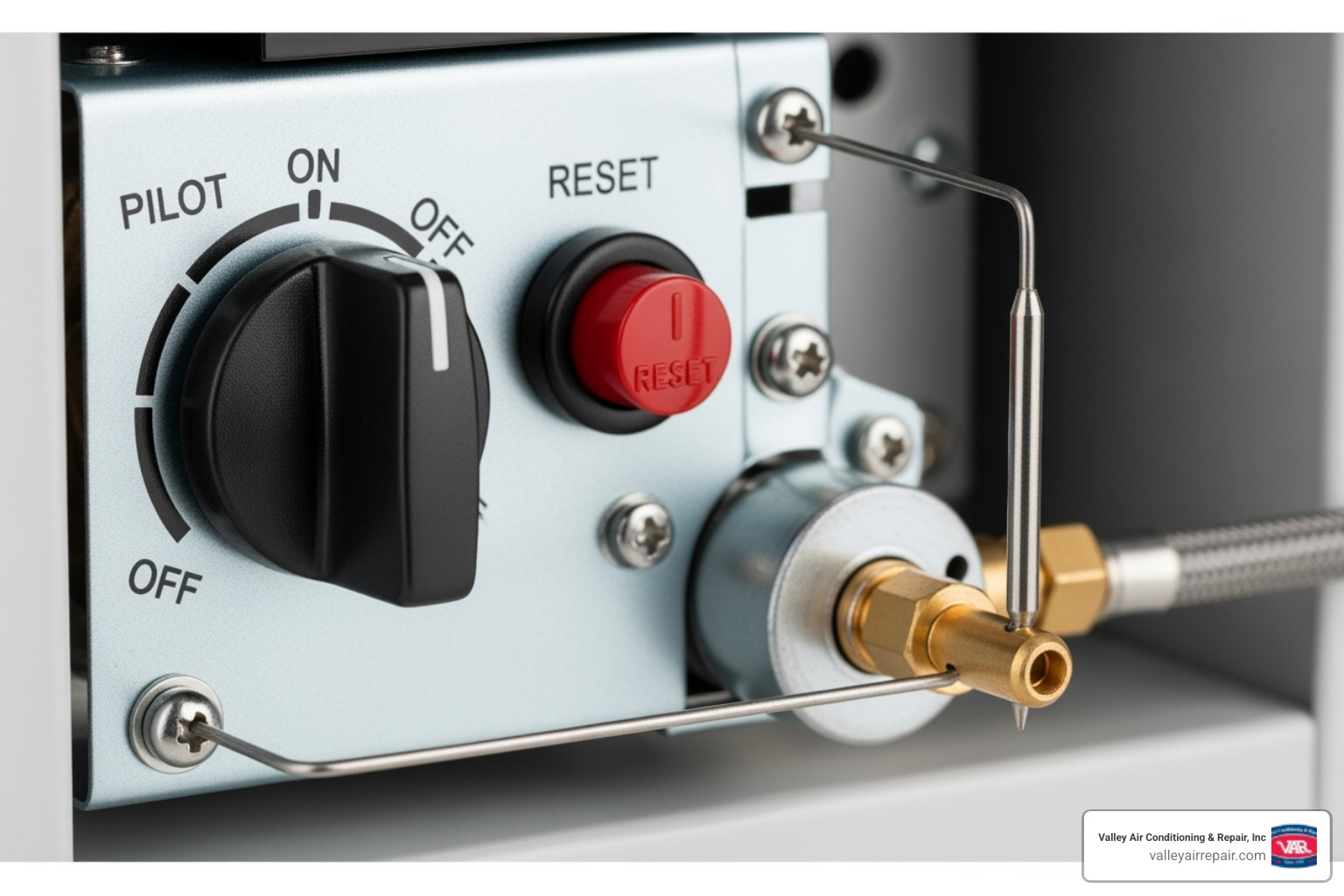 Labeled image of a furnace pilot light assembly showing the gas control knob, reset button, thermocouple, pilot orifice, and gas tube - Furnace pilot light Labeled image of a furnace pilot light assembly showing the gas control knob, reset button, thermocouple, pilot orifice, and gas tube - Furnace pilot light