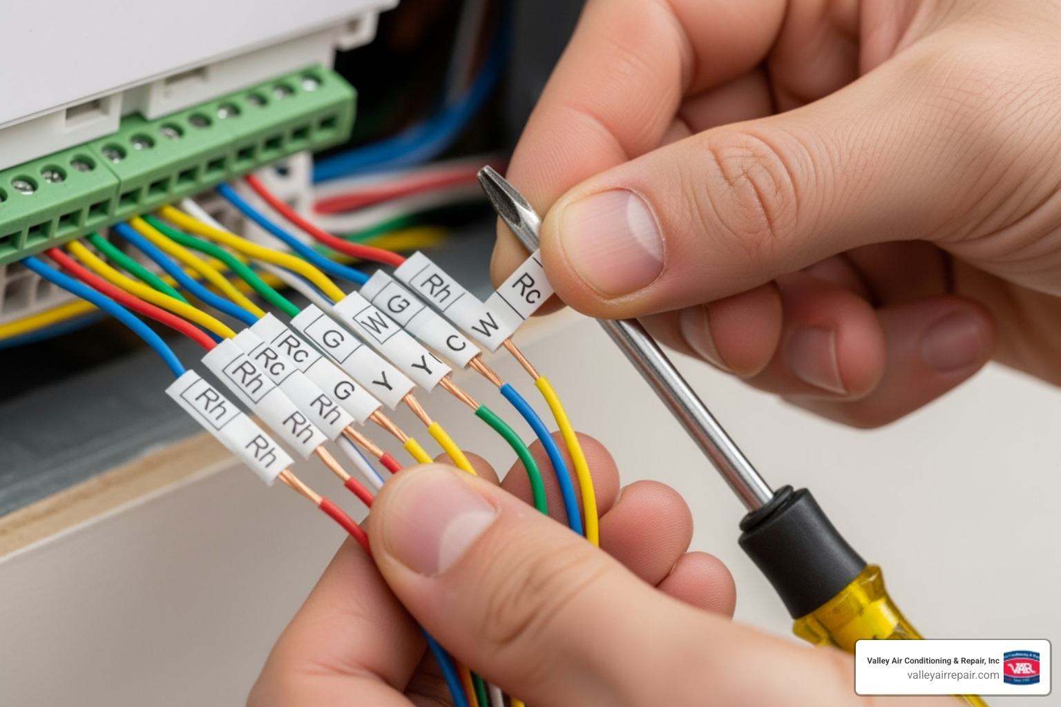 Image of a person labeling thermostat wires with small stickers - smart thermostat setup Image of a person labeling thermostat wires with small stickers - smart thermostat setup