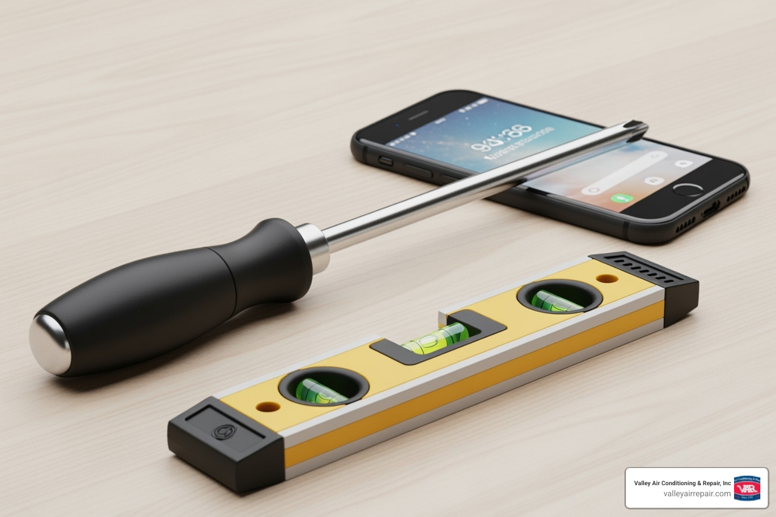 Image of necessary tools like a screwdriver, level, and smartphone - smart thermostat setup Image of necessary tools like a screwdriver, level, and smartphone - smart thermostat setup
