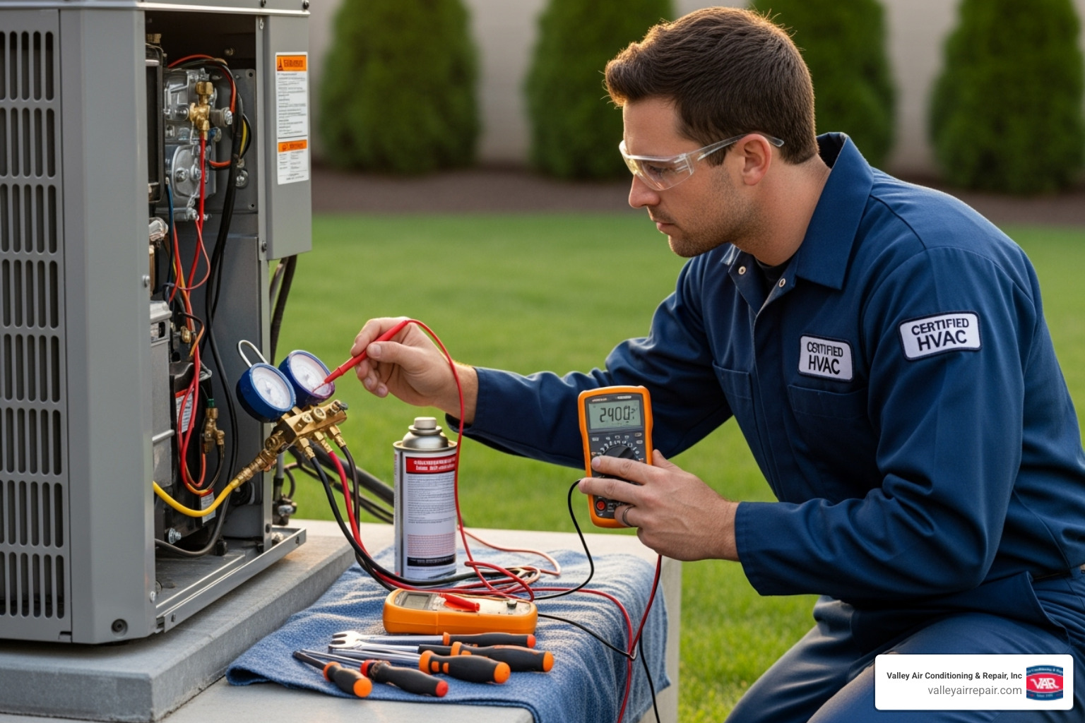 A certified HVAC technician carefully checking the electrical components and refrigerant levels on an outdoor AC unit, demonstrating the precision and expertise required for professional inspection. - ac system inspection A certified HVAC technician carefully checking the electrical components and refrigerant levels on an outdoor AC unit, demonstrating the precision and expertise required for professional inspection. - ac system inspection