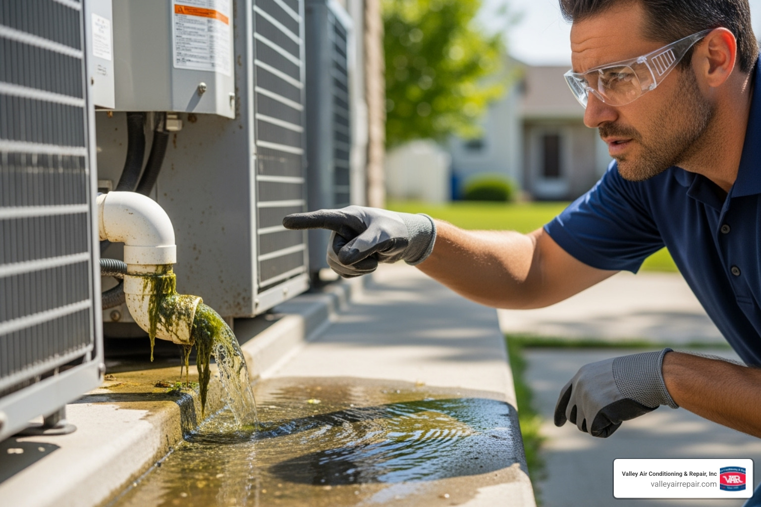 A technician pointing to a clearly visible clogged condensate drain line, illustrating a common issue found during AC inspections that can lead to water damage and system malfunction. - ac system inspection A technician pointing to a clearly visible clogged condensate drain line, illustrating a common issue found during AC inspections that can lead to water damage and system malfunction. - ac system inspection