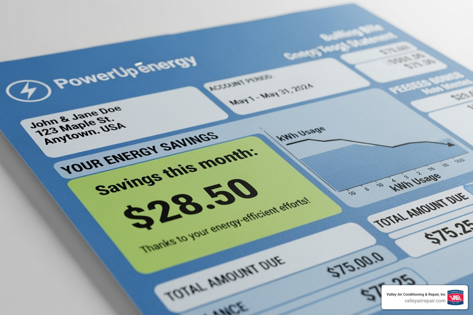 An energy bill with savings highlighted, showing the positive impact of efficient heating on household expenses - heating maintenance sanger