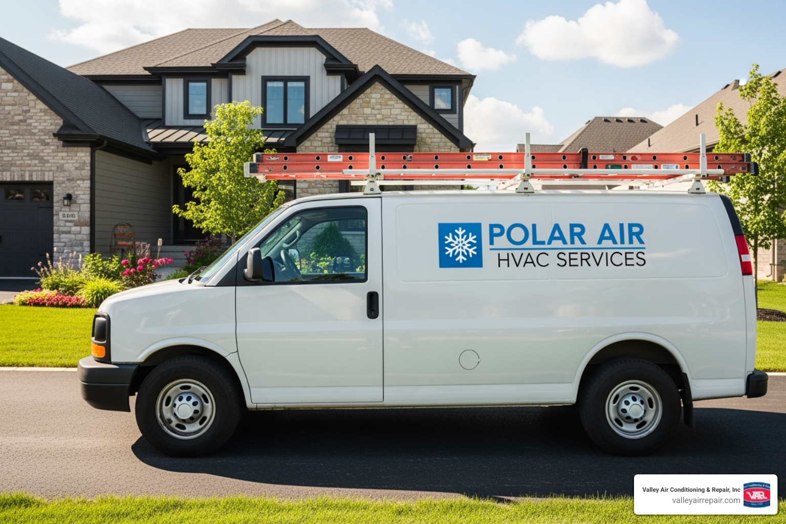 A pristine Valley Air Conditioning & Repair, Inc. service vehicle parked in front of a residential home, symbolizing professional and reliable HVAC services - heating maintenance sanger